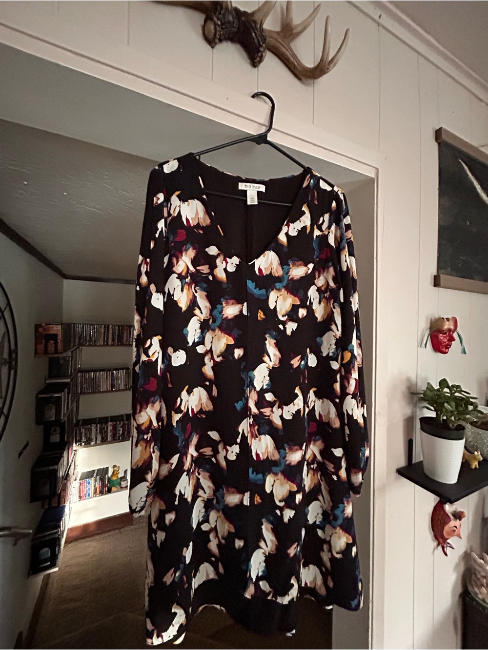 White House Black Market Black Floral V-Neck Dress with Multicolor Accents